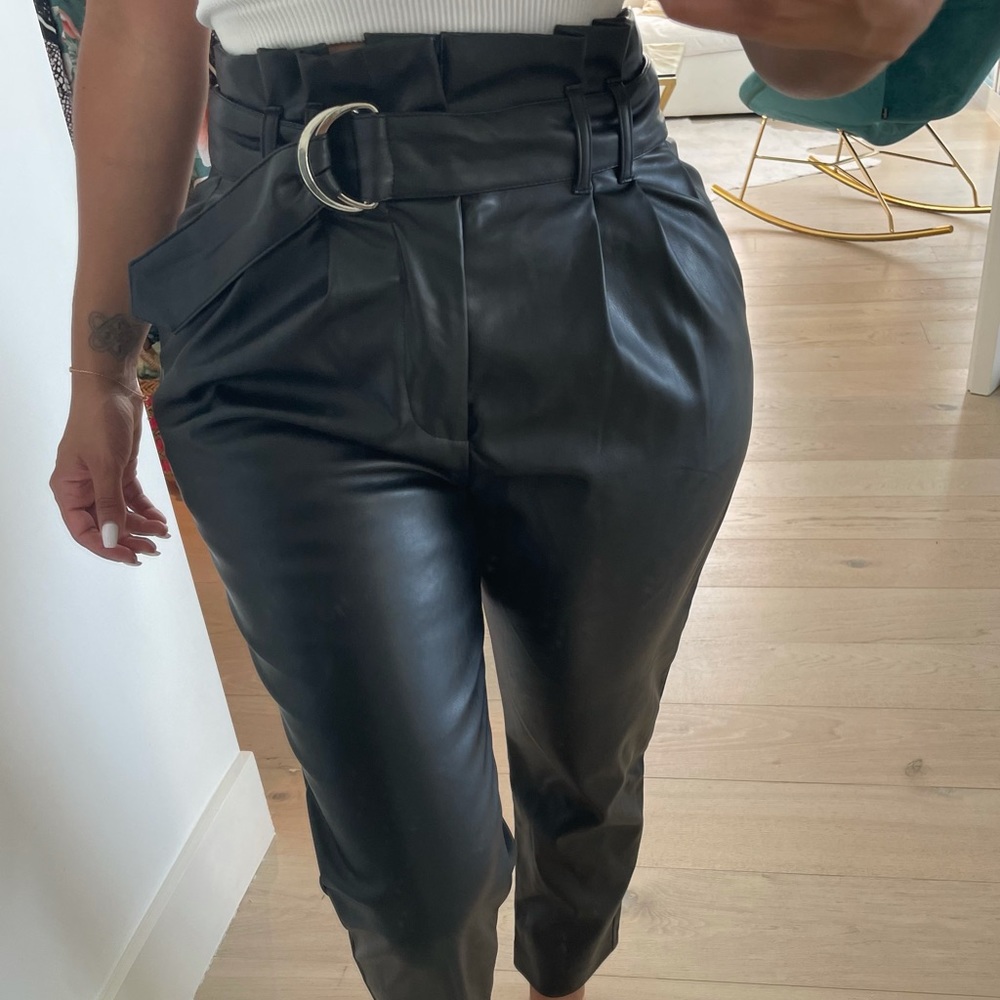 Faux Leather Belted Paper Bag Waist Pants - Black